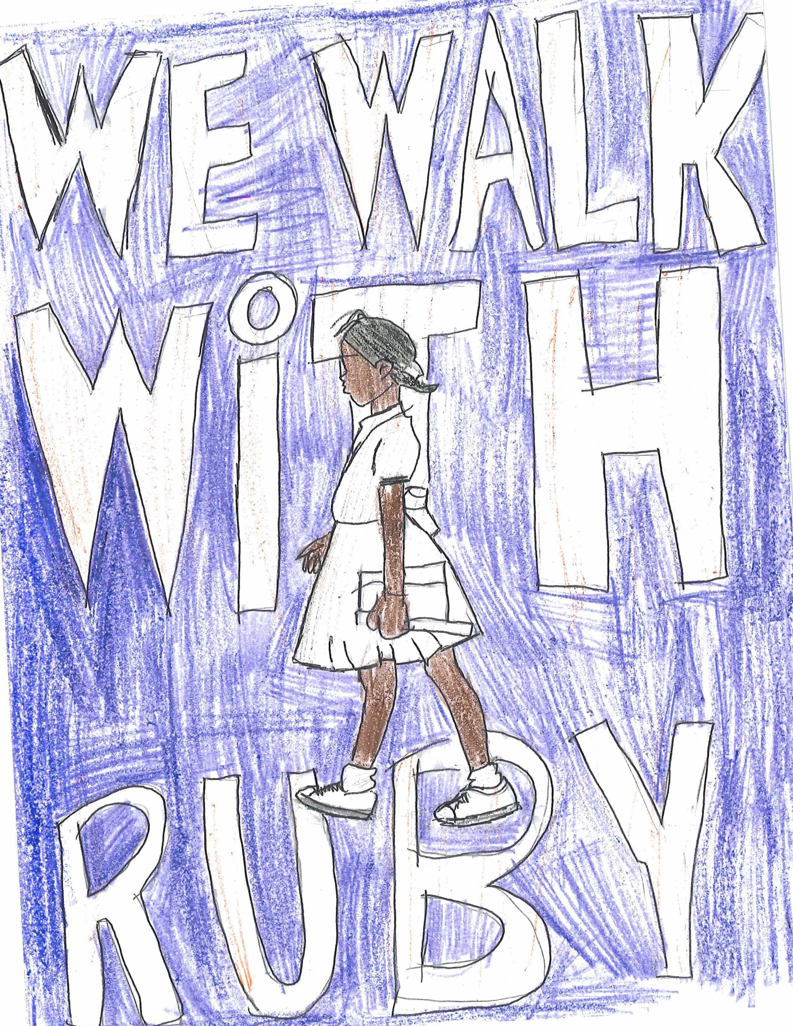 drawing of Ruby walking with purple background and large white text reading 